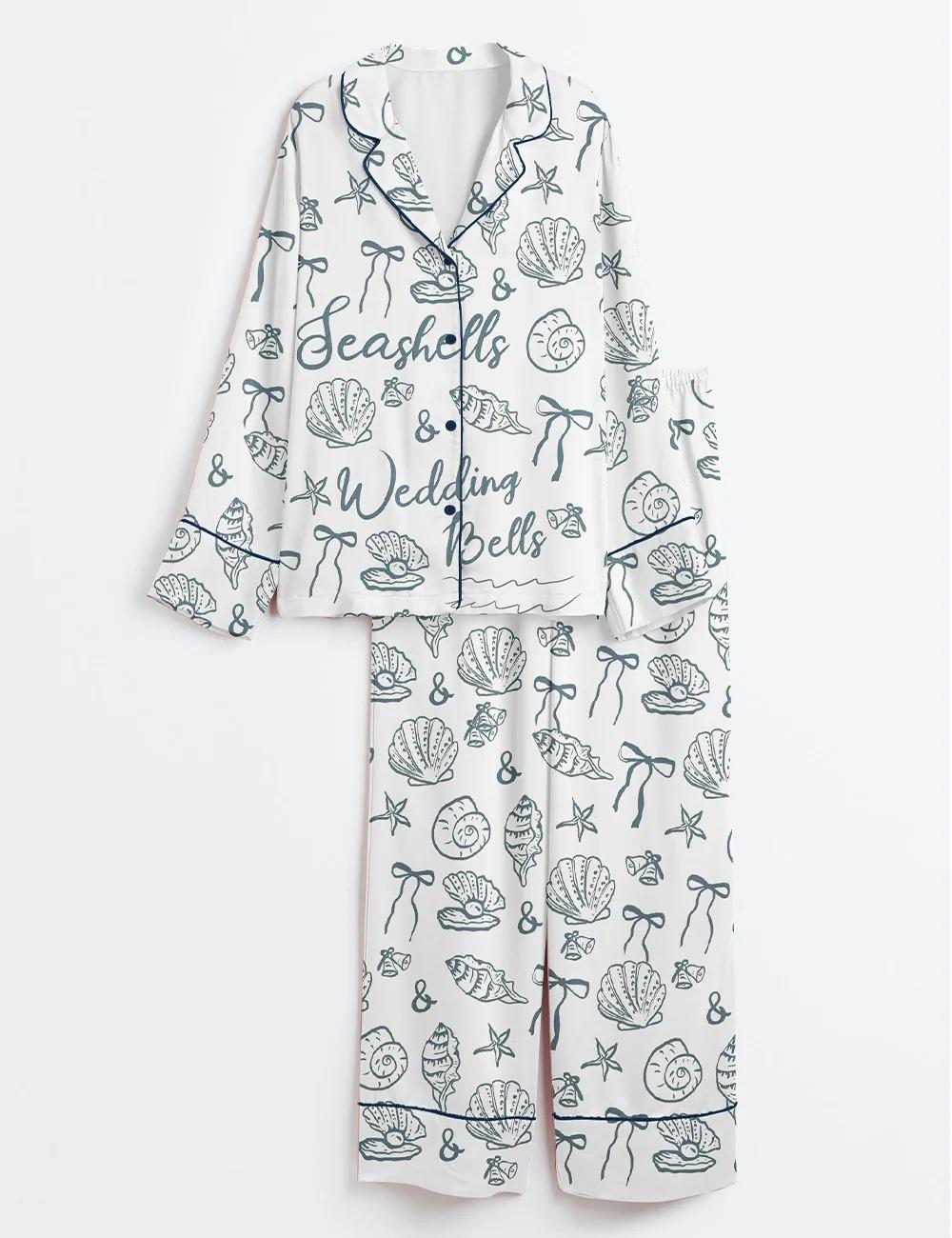 Seashells and Wedding Bells Satin Pajama Set, Coastal Bridal Party Silk Pjs, Short Sleeve Luxury Sleepwear, Beach Wedding Bride Lounge
