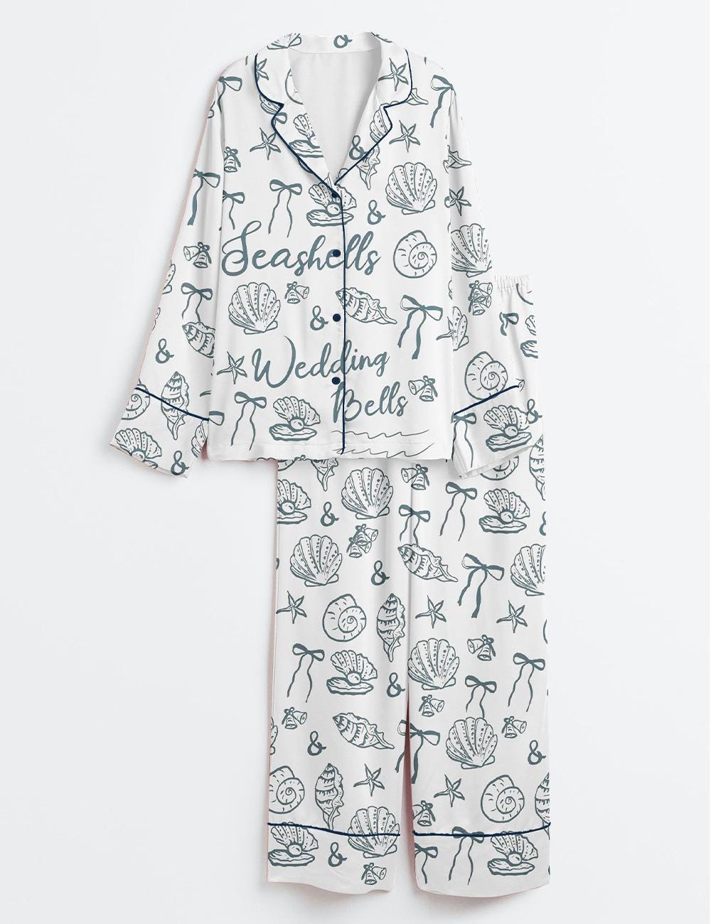Seashells and Wedding Bells Satin Pajama Set, Coastal Bridal Party Silk Pjs, Short Sleeve Luxury Sleepwear, Beach Wedding Bride Lounge