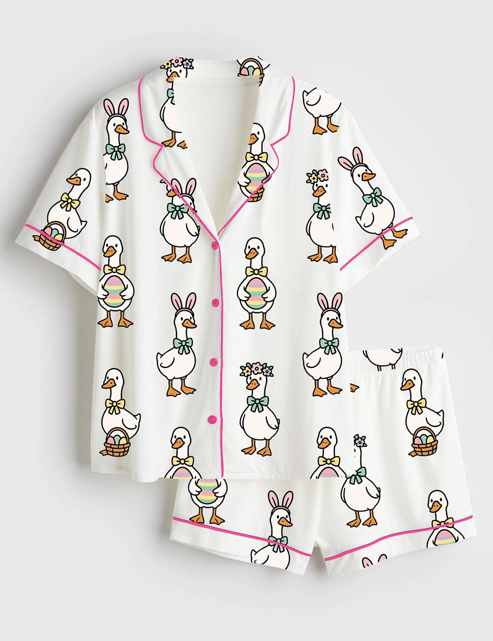Easter Duck Pajama Set Women Satin Sleepwear Bunny Egg Print Loungewear