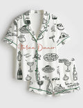 Italian Dinner Pajama Set Women Satin Sleepwear Food Print Loungewear Gift