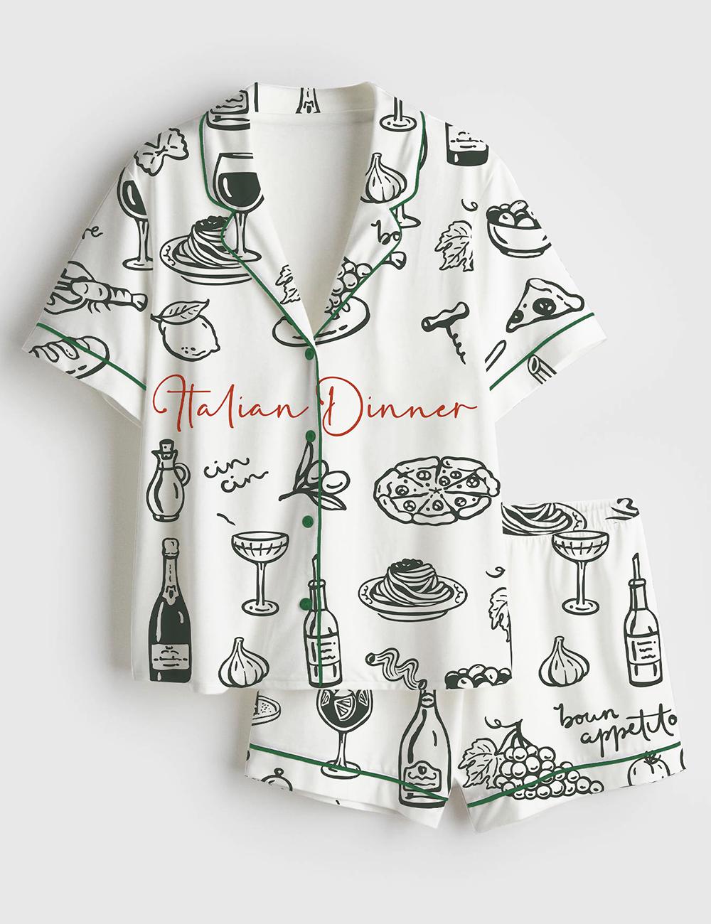 Italian Dinner Pajama Set Women Satin Sleepwear Food Print Loungewear Gift