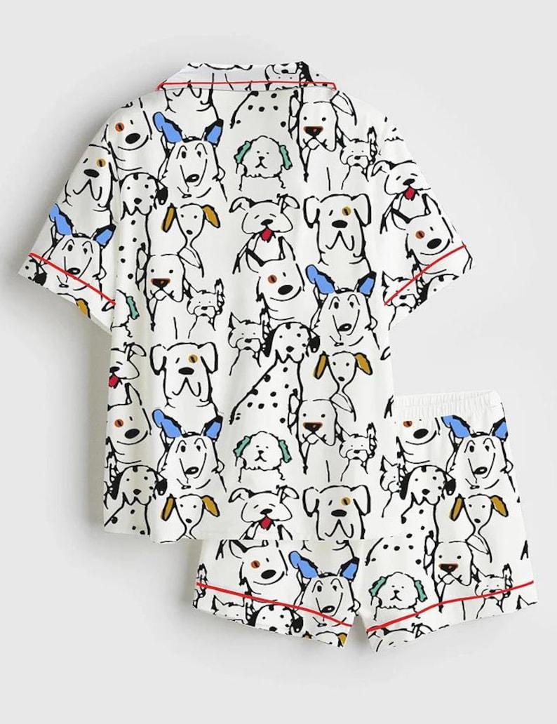 Women's Dog Print Pajama Set, Puppy Sleepwear, Imitation Silk Lounge Set