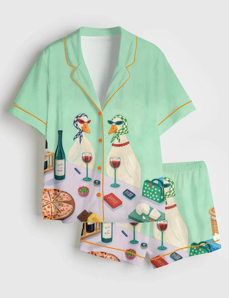 Women's Duck Wine Lover Pajama Set, Imitation Silk Sleepwear Lounge Set