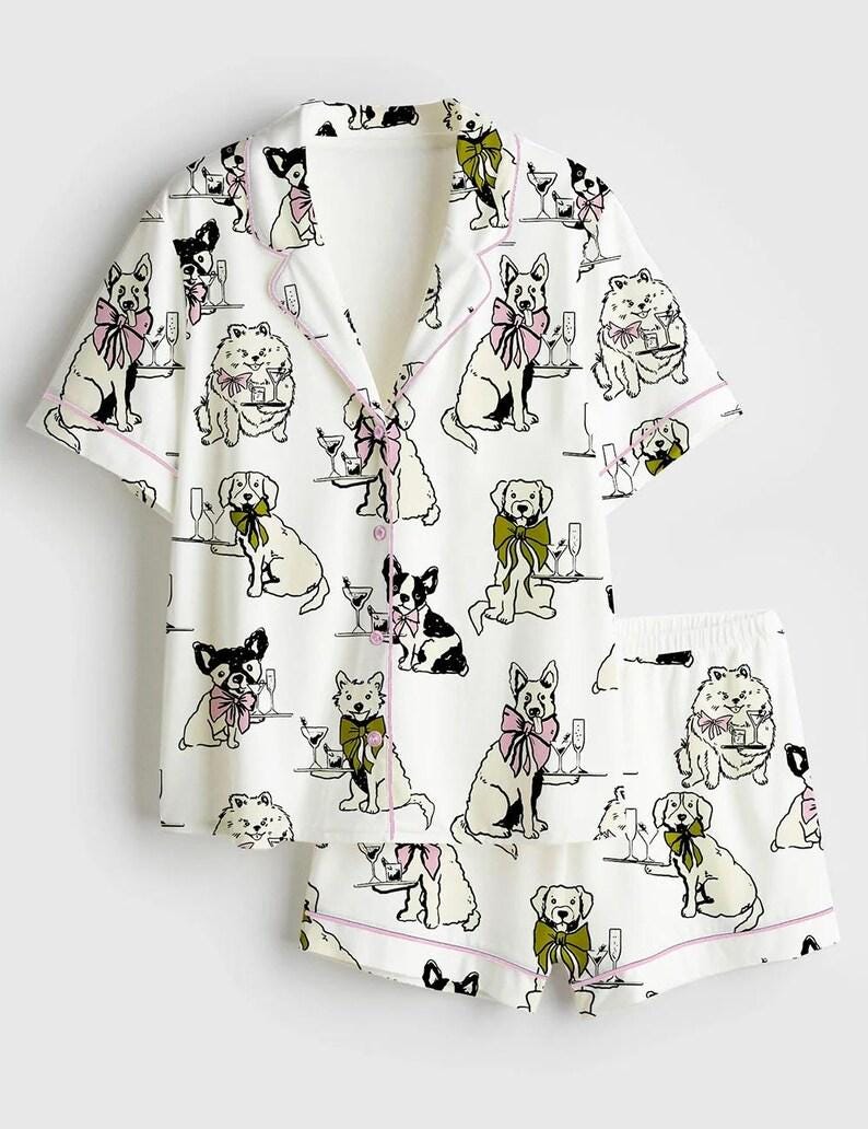 Women's Dog Print Pajama Set, Imitation Silk Lounge Sleepwear, Dog Lover Gift