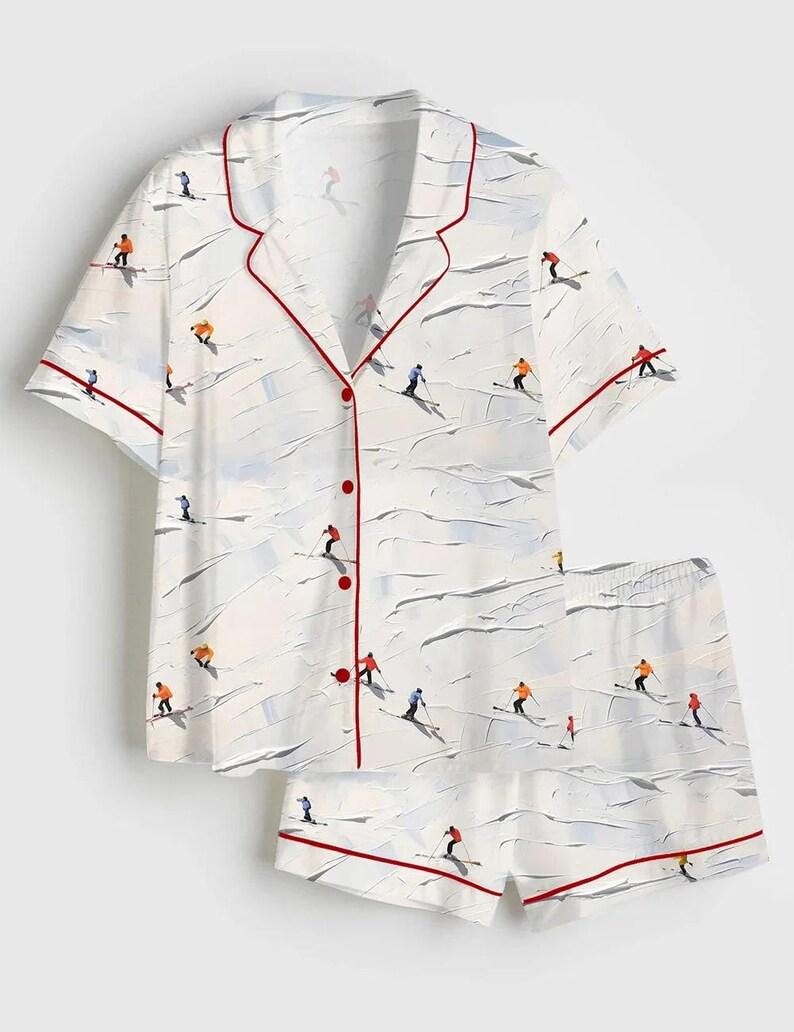 Women's Ski Print Pajama Set, Imitation Silk Sleepwear, Snow Sport Lounge Wear