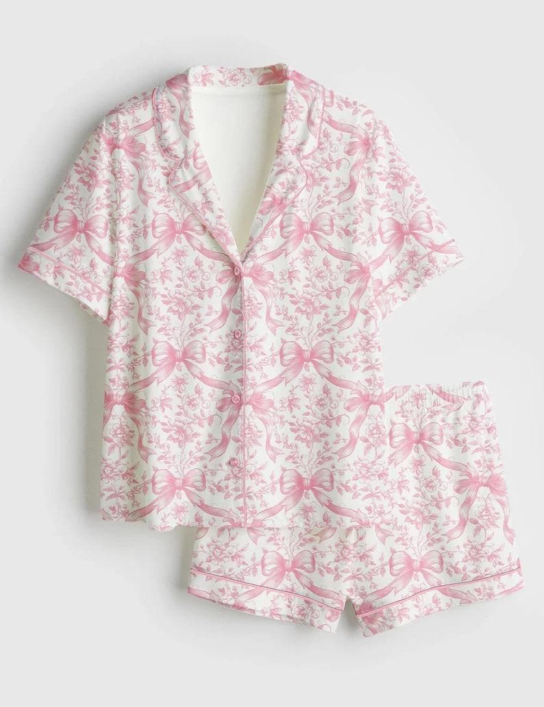 Pink Bow Pajama Set, Ribbon Floral Sleepwear, Imitation Silk Lounge PJs