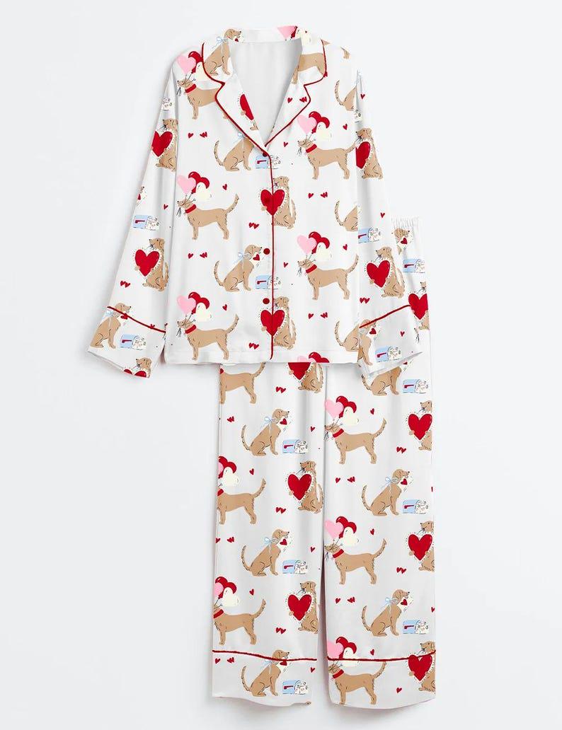 Women's Dog Heart Print Pajama Set, Cozy Puppy Sleepwear, Long Sleeve Lounge Set