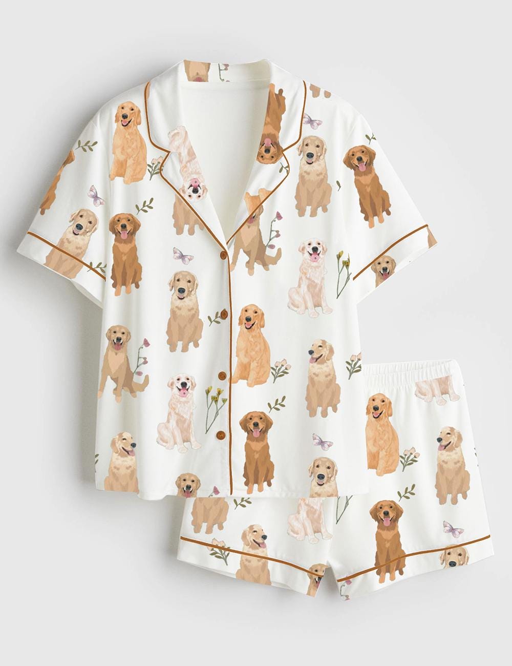 Women's Golden Retriever Pajama Set, Imitation Silk Sleepwear, Dog Lover Lounge Wear