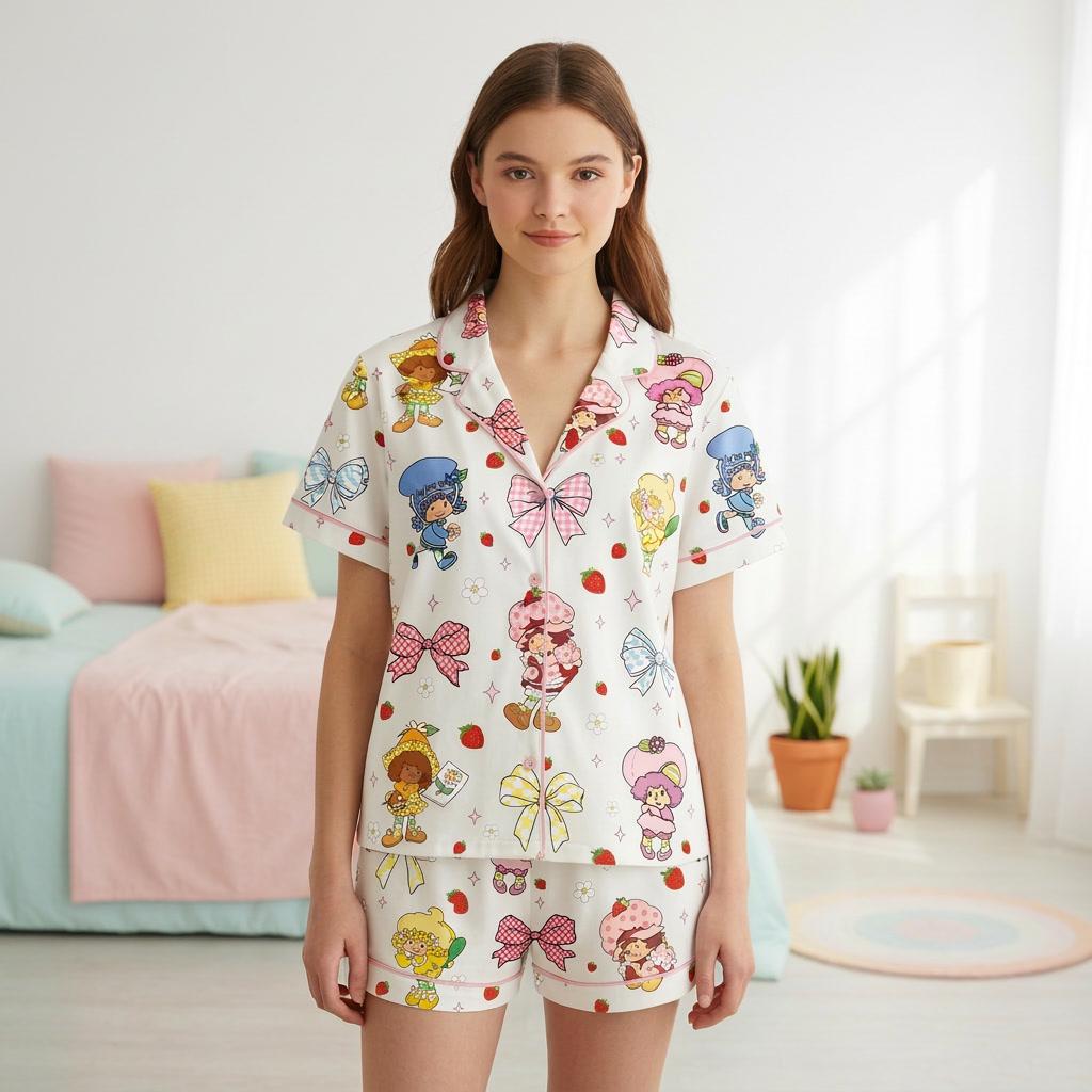 Women's Strawberry Bow Pajama Set Cartoon Print Short Sleeve Sleepwear Lounge Set