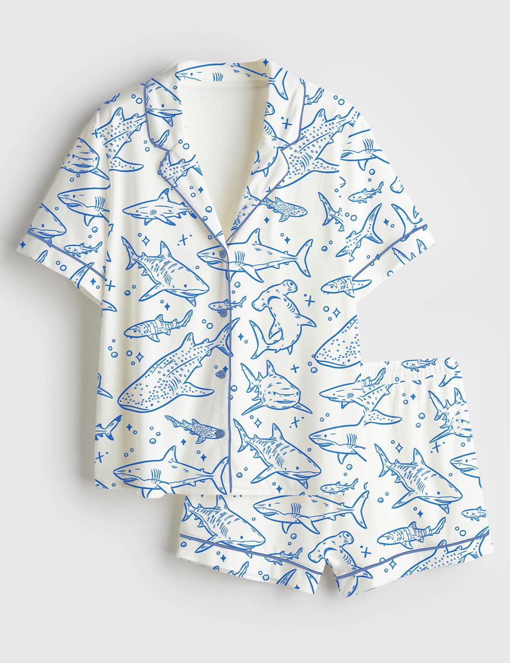 Women's Shark Print Pajama Set Ocean Theme Short Sleeve Sleepwear Lounge Set