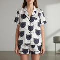 Black Cat Print Satin Pajama Set: Short Sleeve Sleepwear Lounge Wear