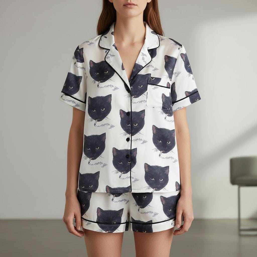 Black Cat Print Satin Pajama Set: Short Sleeve Sleepwear Lounge Wear