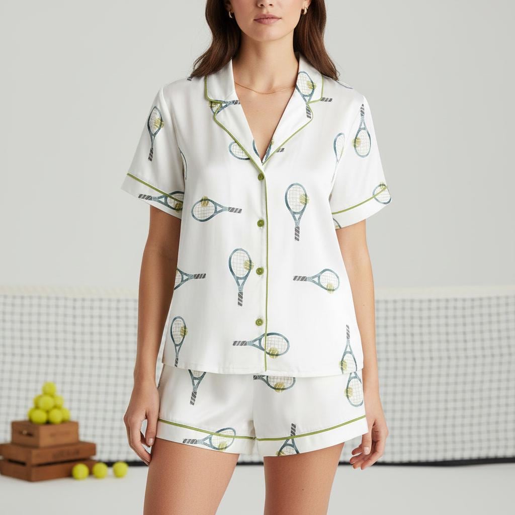 Women's Tennis Pajama Set Racket Print Short Sleeve Sleepwear Lounge Set