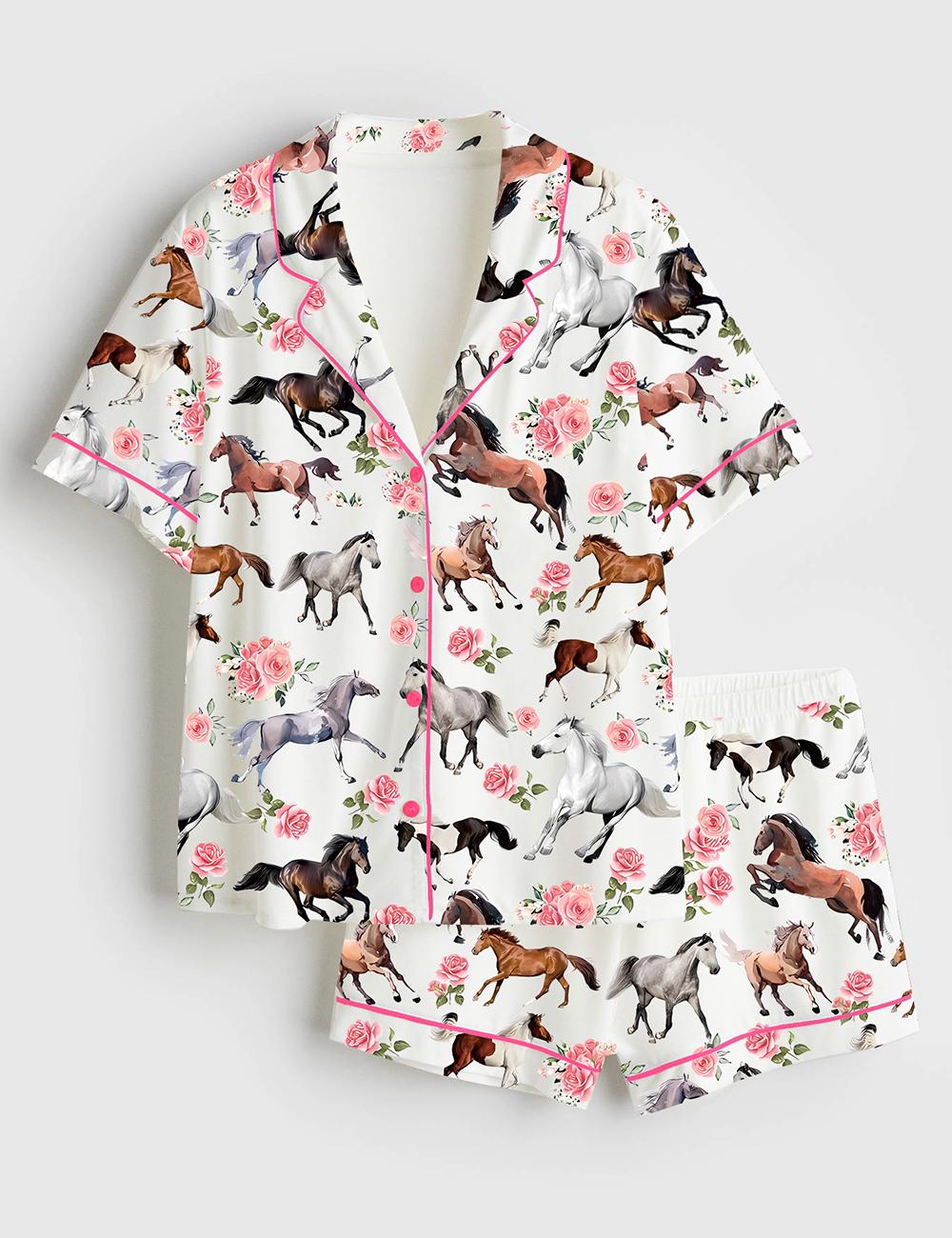 Women's Horse Pajama Set Short & Long Sleeve Satin Sleepwear Lounge Set Derby Inspired