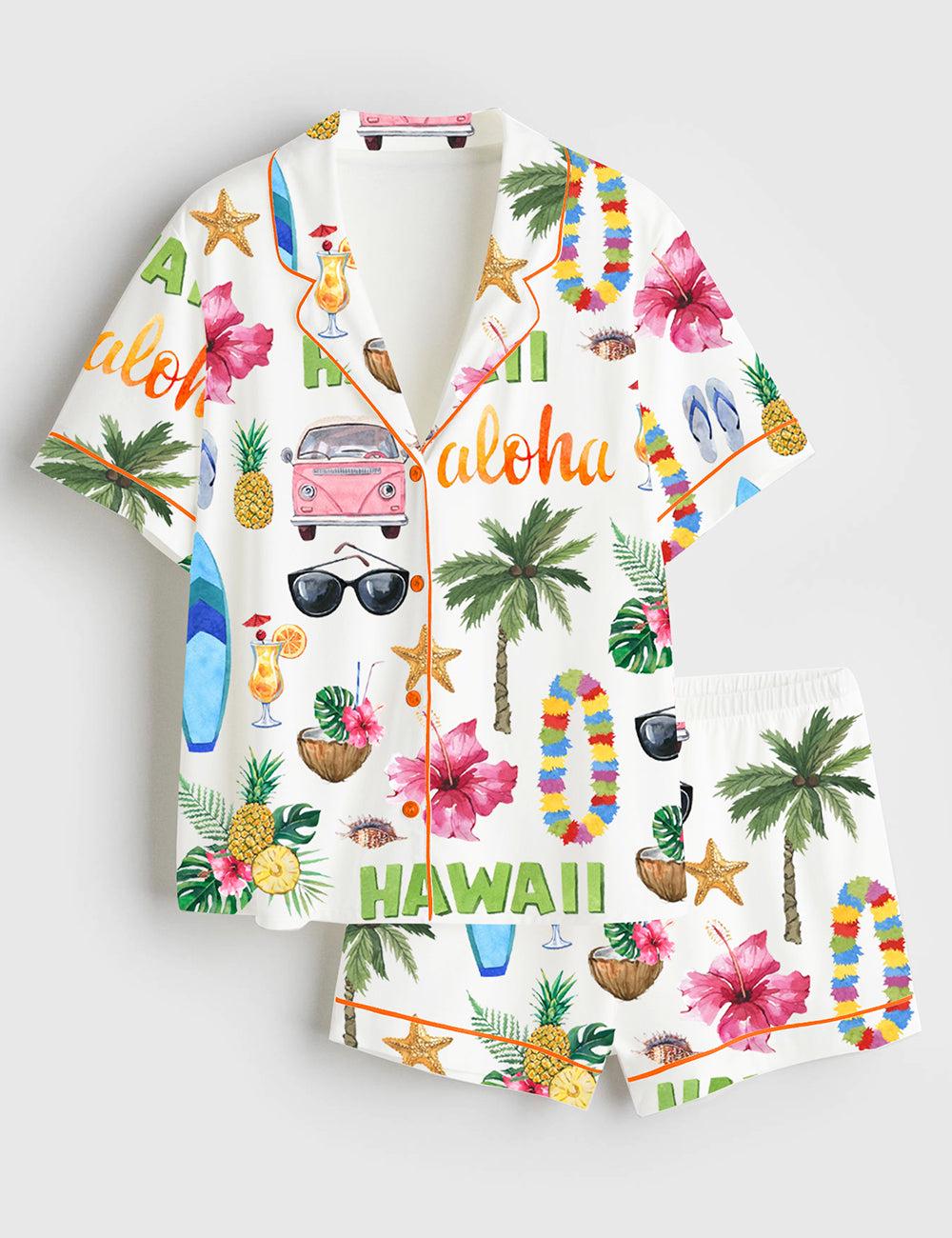 Hawaii Aloha Pajama Shirt and Shorts, Tropical Print Loungewear, Beach Vacation Sleepwear