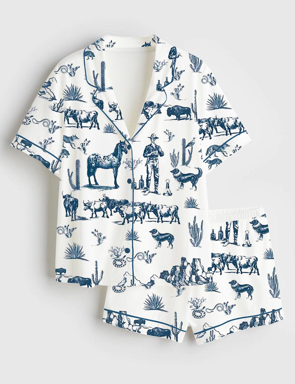 Western Cowboy Pajama Shirt and Shorts, Ranch Print Loungewear, Country Theme Sleepwear