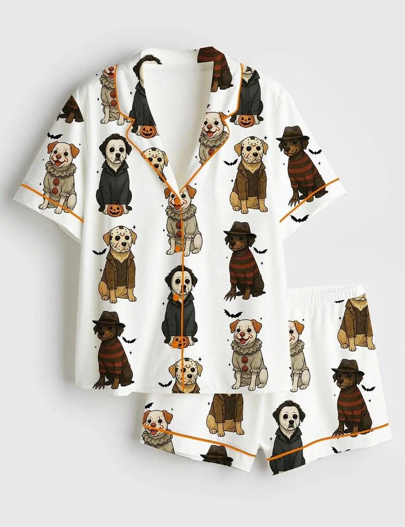 Halloween Dog Pajama Shirt and Shorts, Spooky Dog Print Loungewear Sleepwear