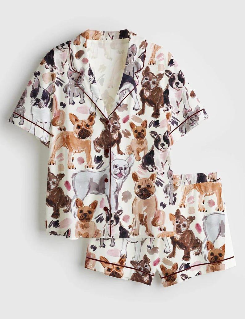 French Bulldog Pajama Shirt and Shorts, Dog Print Loungewear, Bulldog Lover Sleepwear