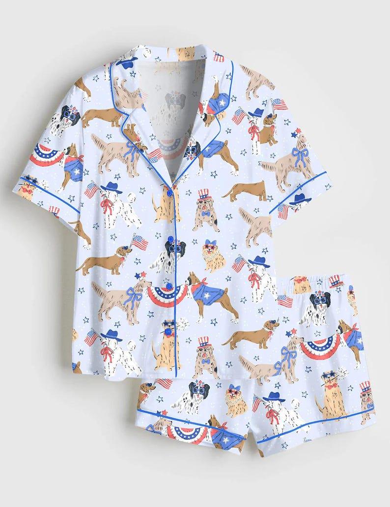 Patriotic Dog Pajama Shirt and Shorts, USA Flag Dog Print Loungewear Sleepwear