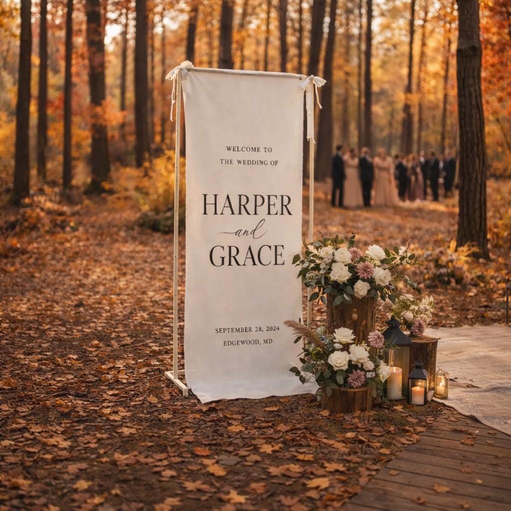 Wedding Welcome Sign Fabric Vertical Banner Personalized Names Date