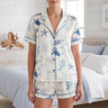 Ocean Print Satin Pajama Set Women, Sea Turtle Summer Beach Sleepwear