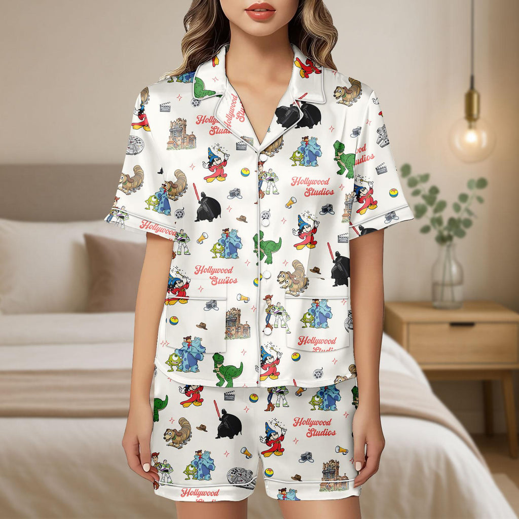 Hollywood Studios Satin Pajamas Set, Disney Park Collage Women Pajama, Tower of Terror Fantasmic Disney Trip, Sorcerer Mickey Park Trip