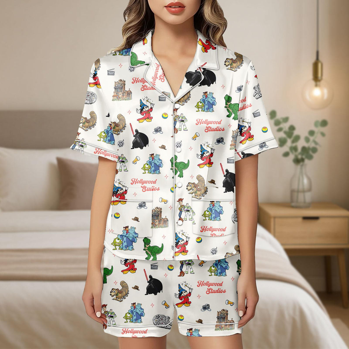 Hollywood Studios Satin Pajamas Set, Disney Park Collage Women Pajama, Tower of Terror Fantasmic Disney Trip, Sorcerer Mickey Park Trip