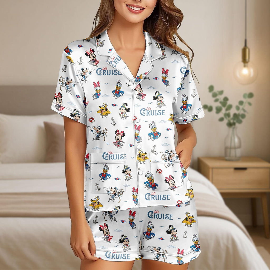 Disney Mickey and Friends Let's Cruise Line Satin Pajamas Set, Cruise Vacation 2026 Women Pajamas, Disney Magic Wonder Fantasy Wish Pjs
