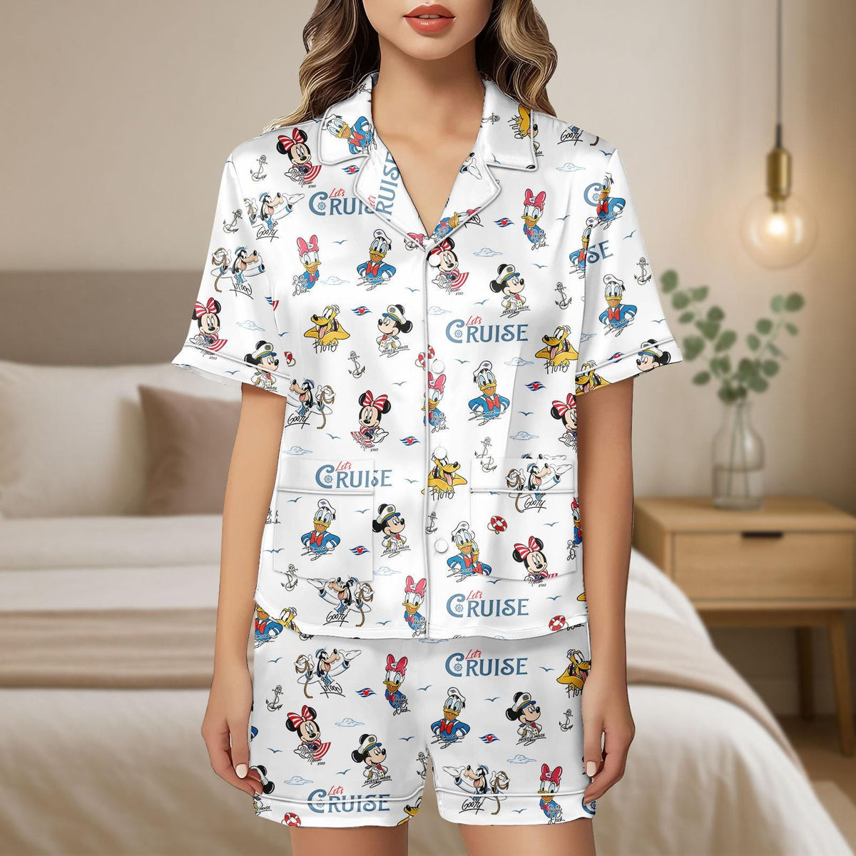 Disney Mickey and Friends Let's Cruise Line Satin Pajamas Set, Cruise Vacation 2026 Women Pajamas, Disney Magic Wonder Fantasy Wish Pjs