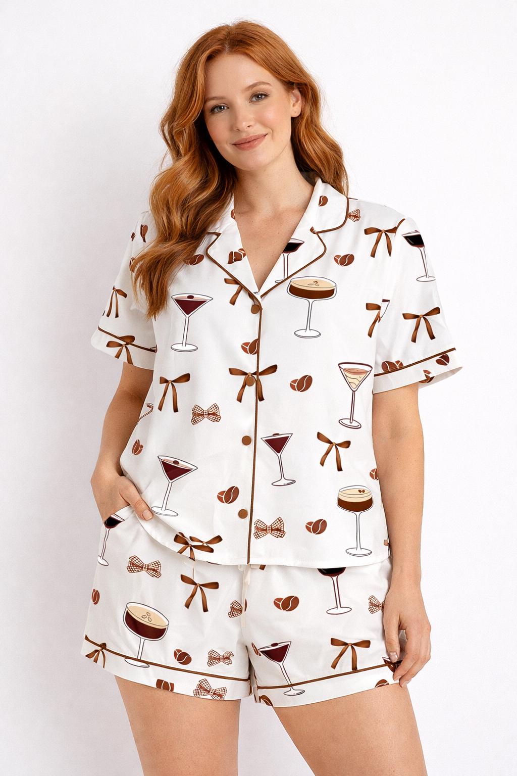 Cocktail Bow Pajamas, Drink Print Sleepwear, Womens Lounge Pajamas
