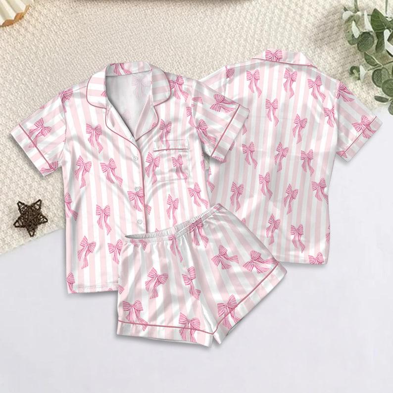 Bow Stripe Sleepwear Set, Coquette Lounge Set, Womens Nightwear