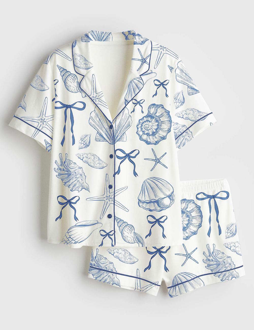 Seashell Print Pajamas, Coastal Sleepwear Set, Womens Lounge Pajamas