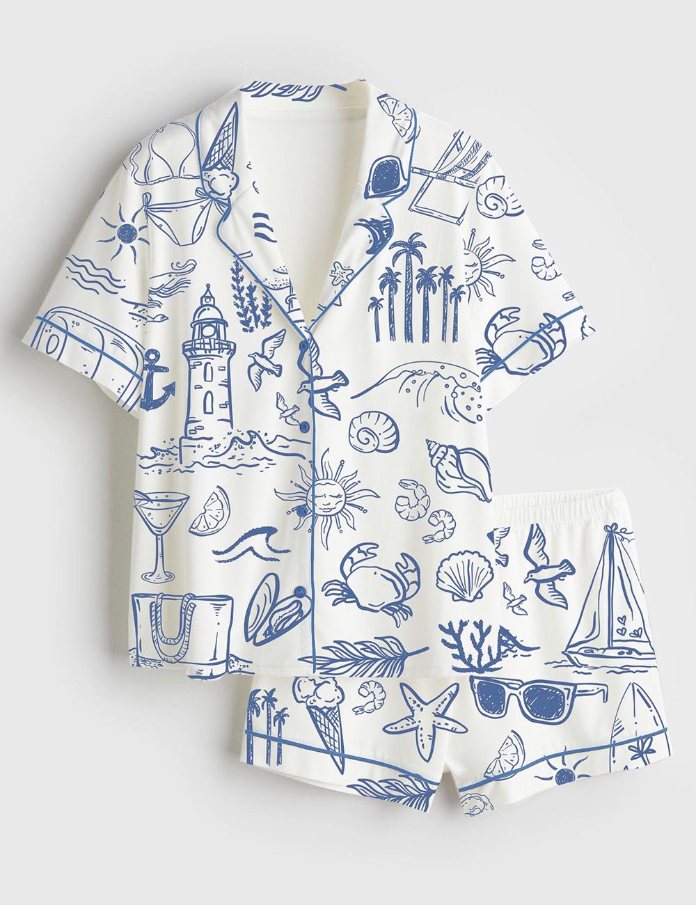 Coastal Beach Pajamas, Ocean Theme Sleepwear, Womens Lounge Pajamas