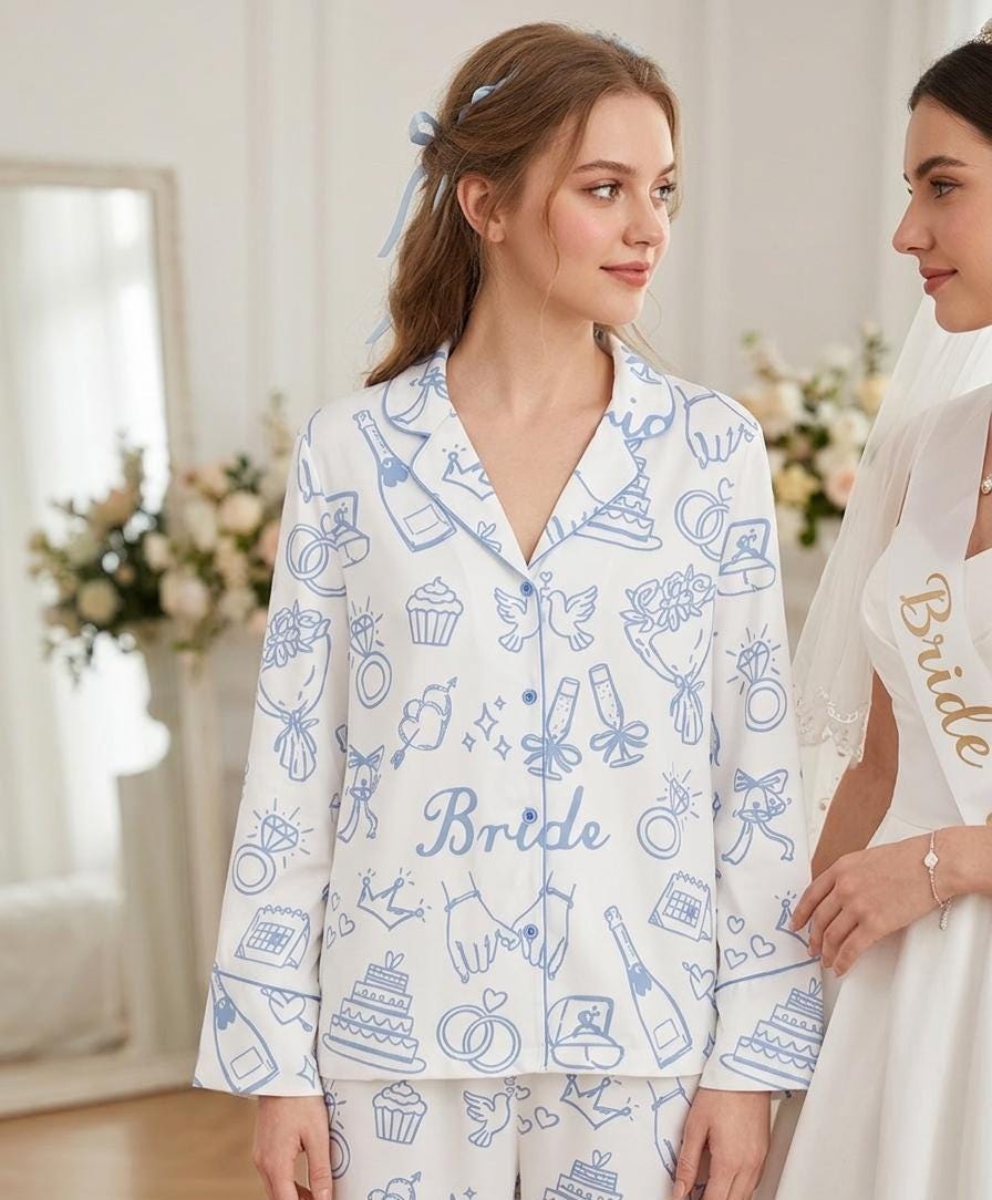 Wedding Morning Satin Pajama Set, Long Sleeve Silky Bridal Loungewear, Bride Squad Getting Ready PJs, Elegant Wedding Day Sleepwear