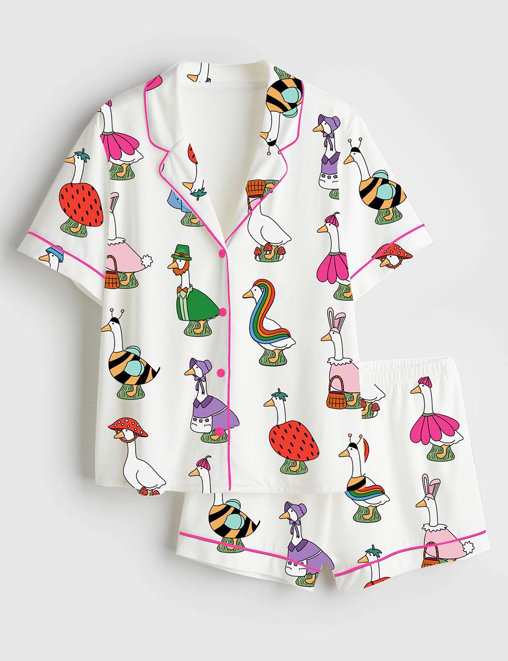 Imitation Silk Duck Print Pajama Set, Women's Lounge Sleepwear