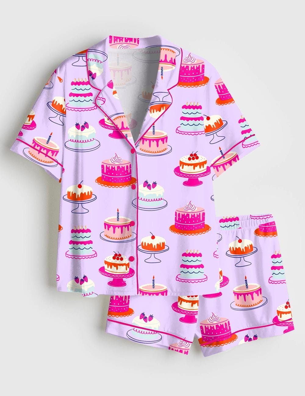 Cake Print Pajamas, Dessert Pajama Set, Womens Lounge Sleepwear