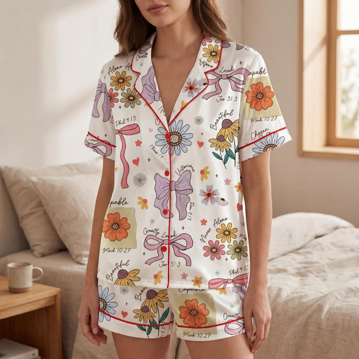 Floral Pajama Set Women Summer Sleepwear Mothers Day Mom Loungewear Christian Inspired