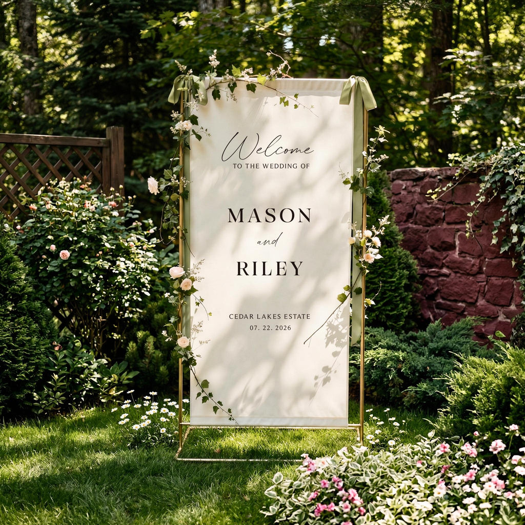 Custom Linen Wedding Welcome Sign, Fabric Wedding Banner, Boho Outdoor Ceremony Decor, Personalized Engagement Party Sign, Bridal Shower