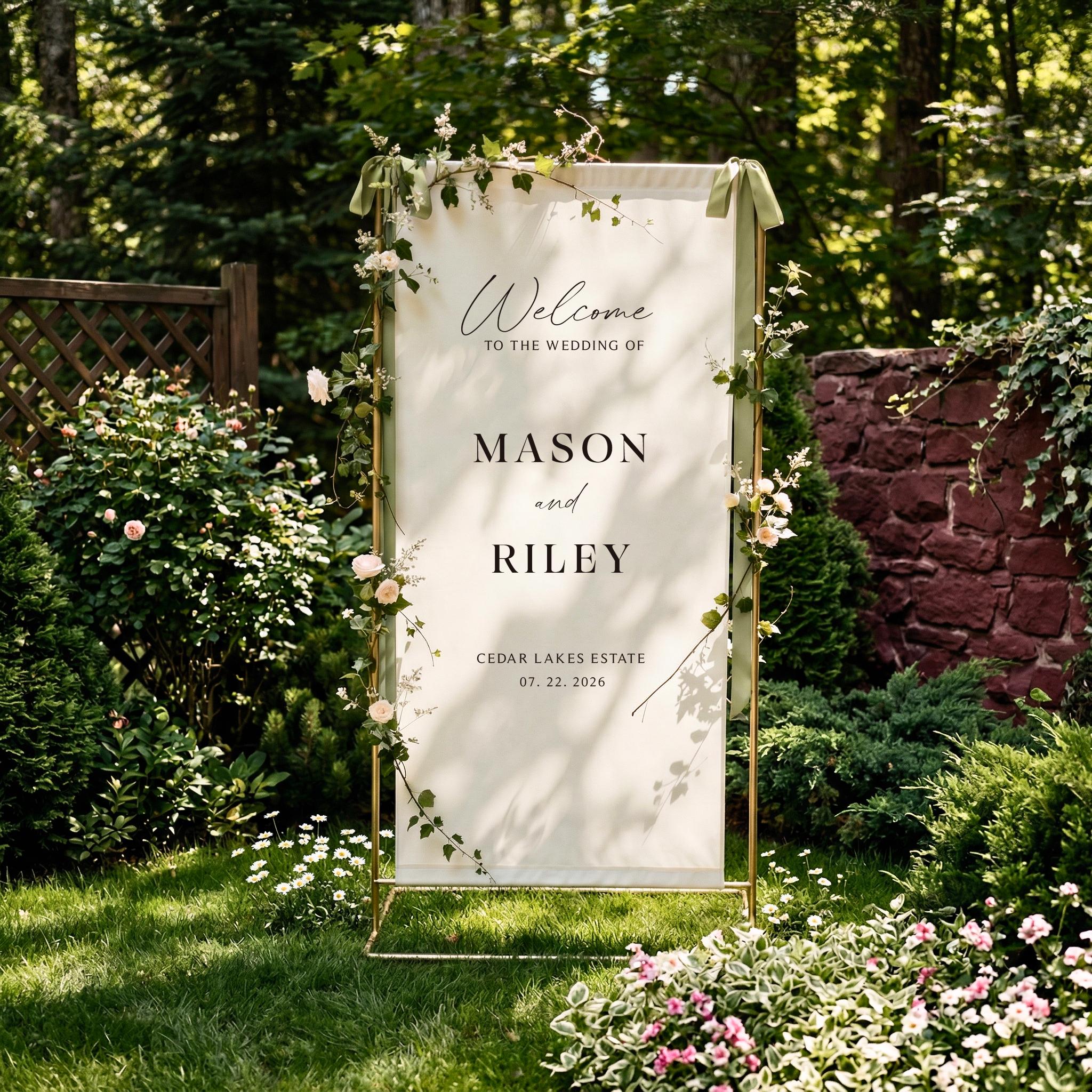 Custom Linen Wedding Welcome Sign, Fabric Wedding Banner, Boho Outdoor Ceremony Decor, Personalized Engagement Party Sign, Bridal Shower