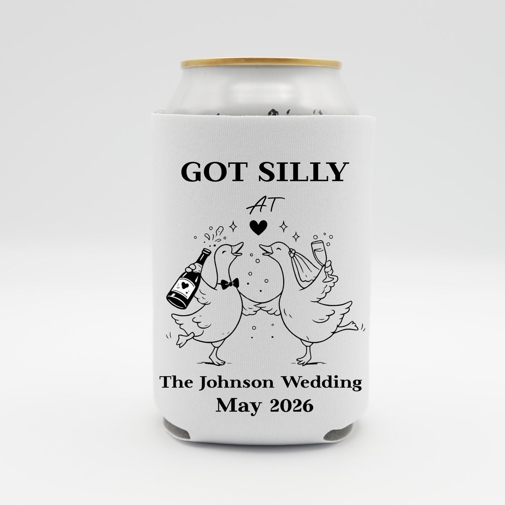 Silly Goose Wedding Can Cooler, Funny Wedding Favor, Personalized Wedding Can Cooler, Custom Couple Name Date Drink Holder