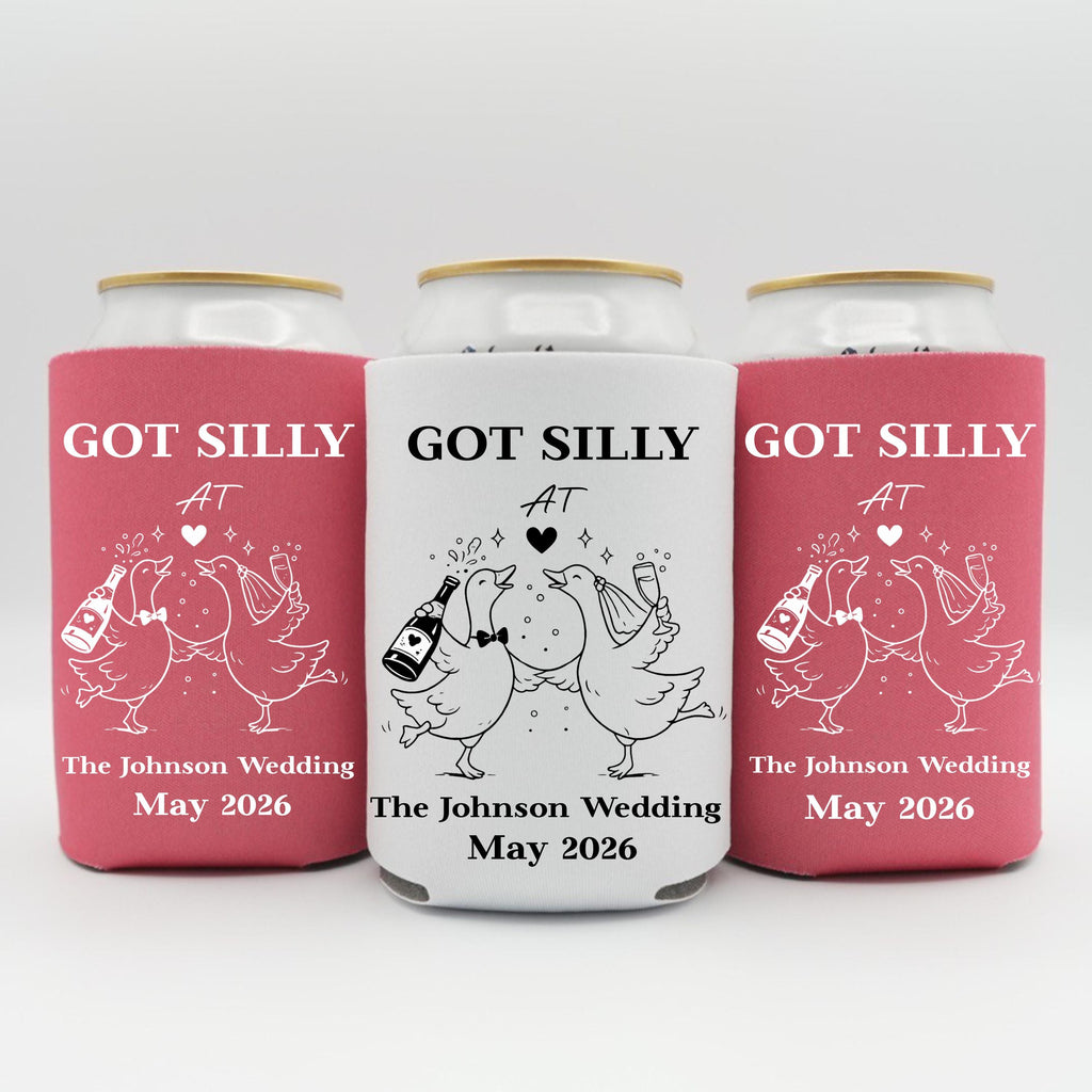 Silly Goose Wedding Can Cooler, Funny Wedding Favor, Personalized Wedding Can Cooler, Custom Couple Name Date Drink Holder