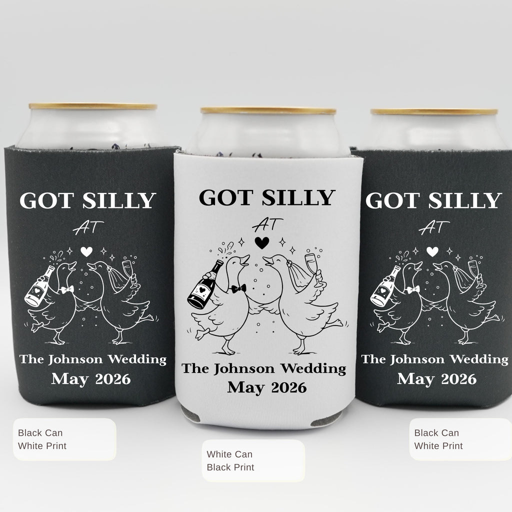 Silly Goose Wedding Can Cooler, Funny Wedding Favor, Personalized Wedding Can Cooler, Custom Couple Name Date Drink Holder
