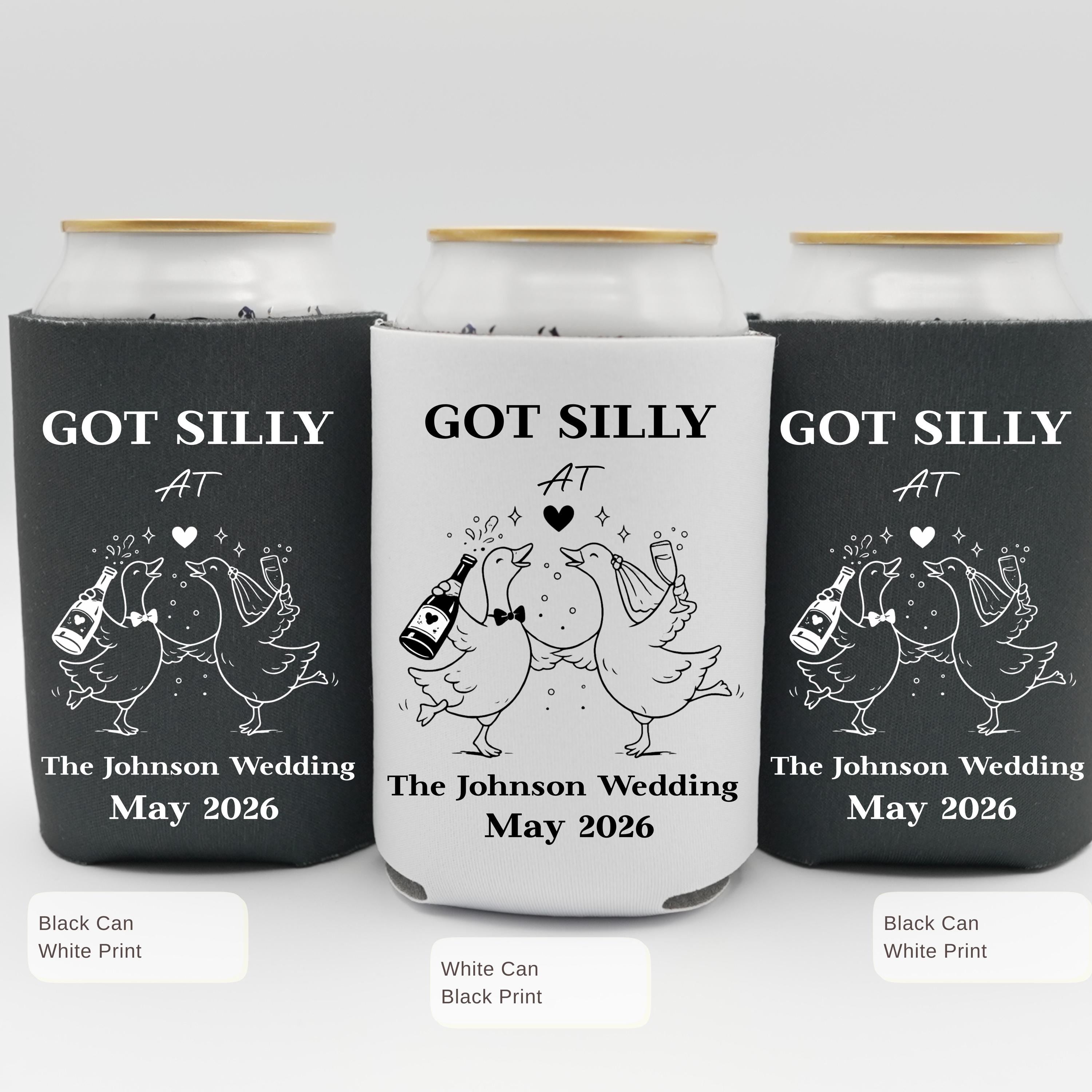 Silly Goose Wedding Can Cooler, Funny Wedding Favor, Personalized Wedding Can Cooler, Custom Couple Name Date Drink Holder