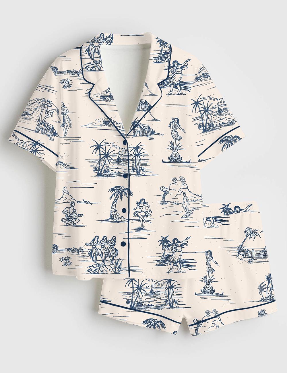 Hawaiian Pajama Set Women Summer Sleepwear Tropical Beach Loungewear Island Print