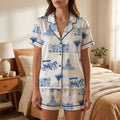 Mediterranean Pajama Set Women Summer Sleepwear Resort Loungewear Coastal Print