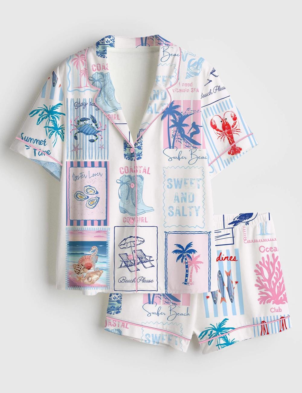 Beach Pajama Set Women Summer Sleepwear Coastal Loungewear Vacation Print