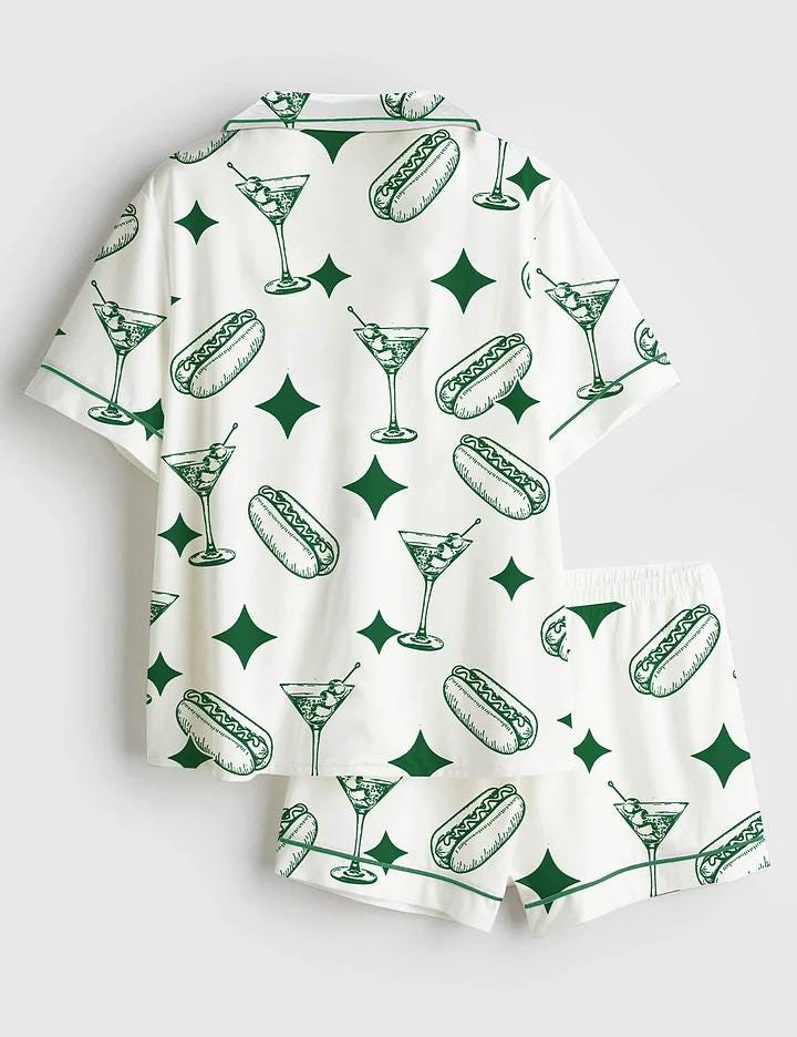 Martini and Weenies Satin Pajama Set, Dirty Martini Short Sleeve PJs, Funny Bachelorette Party Sleepwear, Cocktail Print Women's Loungewear