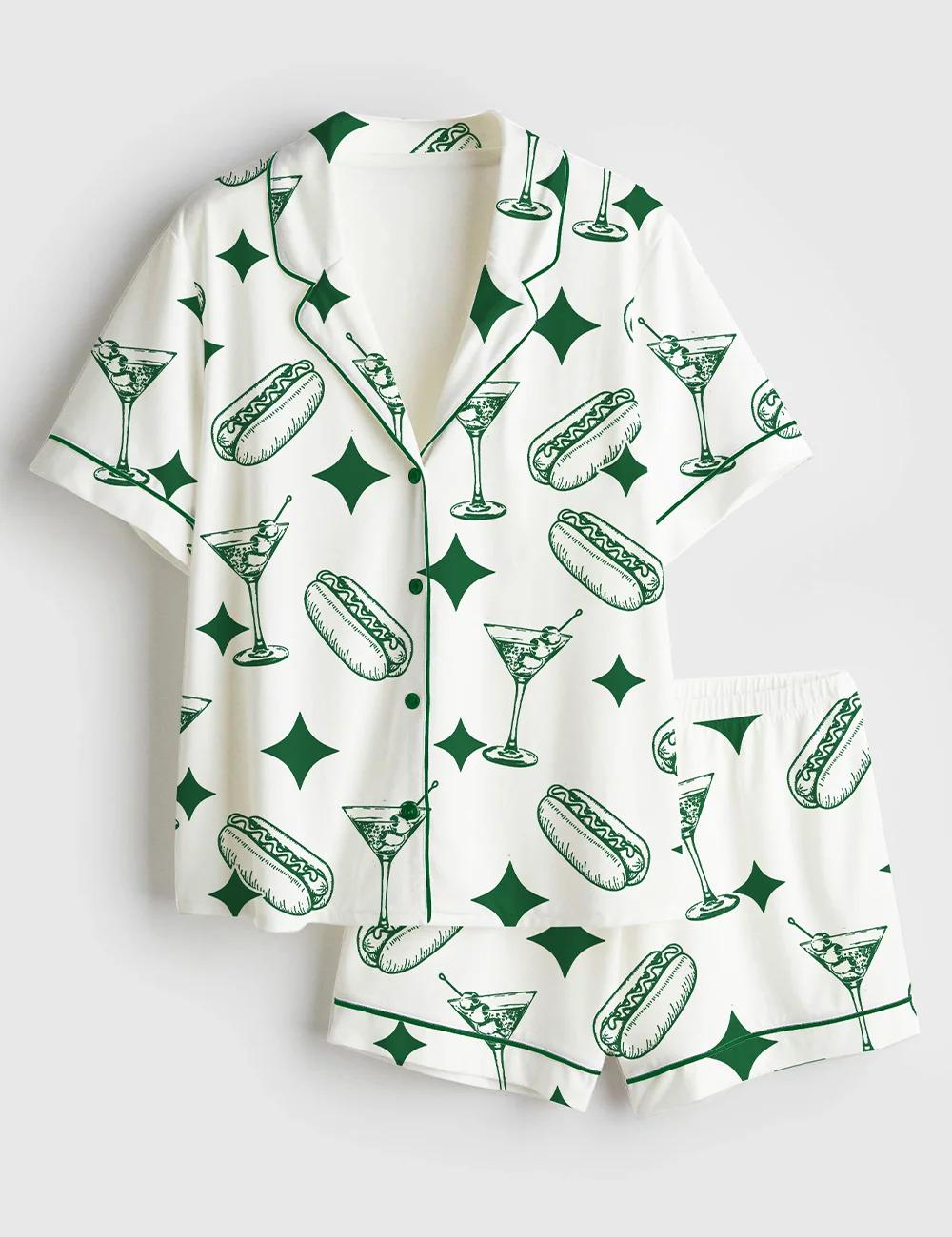 Martini and Weenies Satin Pajama Set, Dirty Martini Short Sleeve PJs, Funny Bachelorette Party Sleepwear, Cocktail Print Women's Loungewear