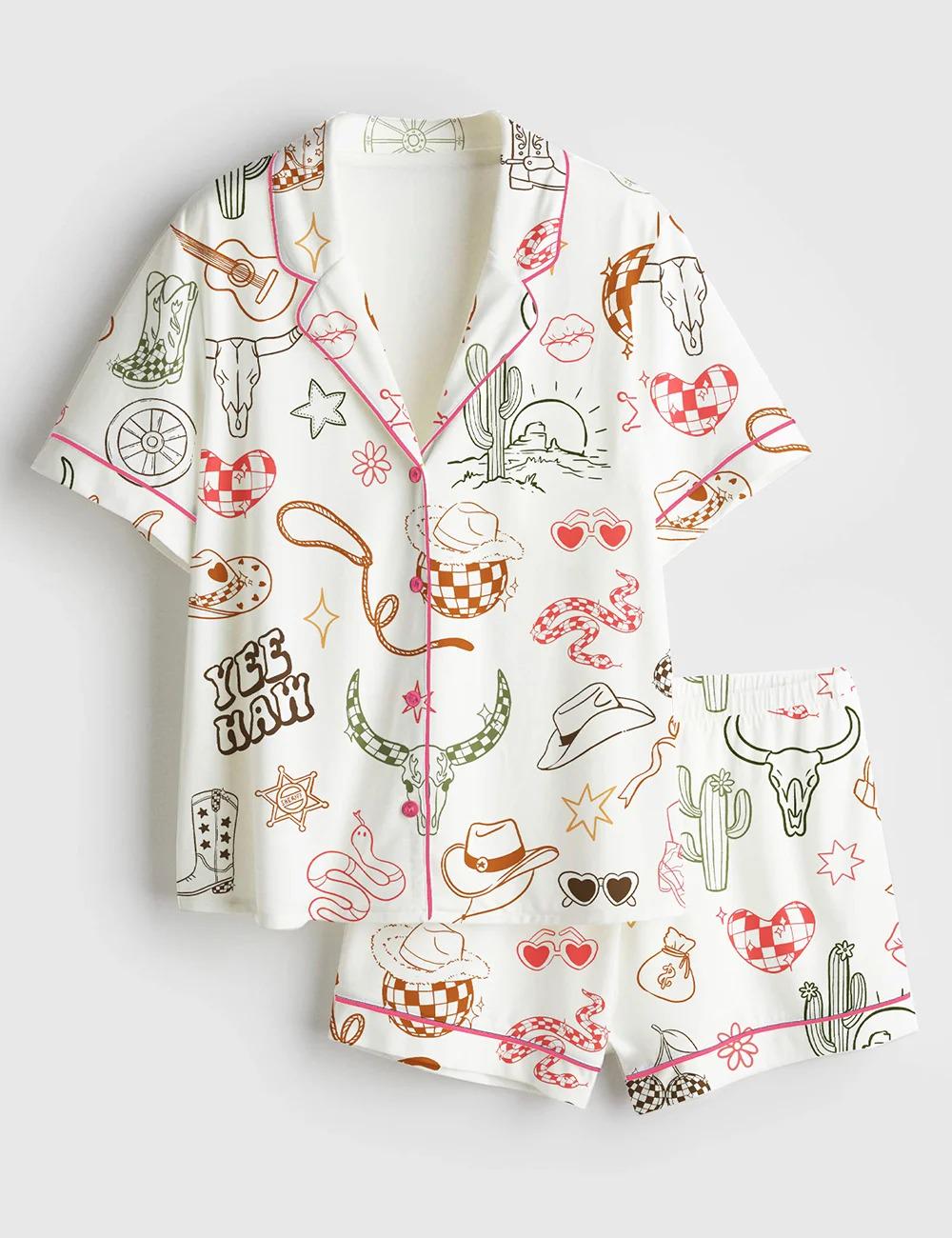 Wild West Disco Satin Pajama Set, Retro Cowgirl Boots PJs, Space Cowgirl Bachelorette Gift, Silky Short Sleeve Western Wear, Pink Disco PJs