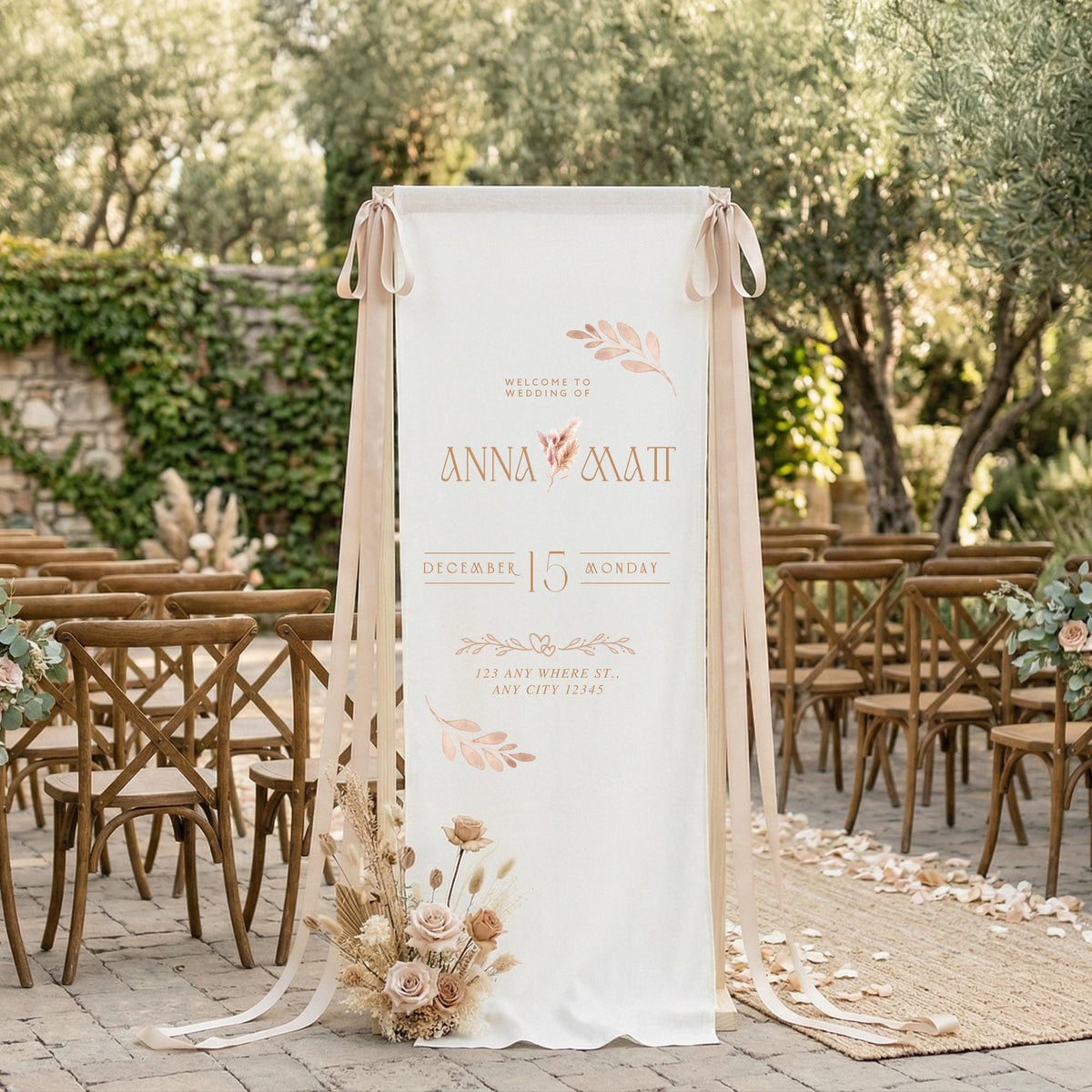 Neutral Wedding Welcome Sign, Linen Fabric Banner, Minimal Bridal Decor